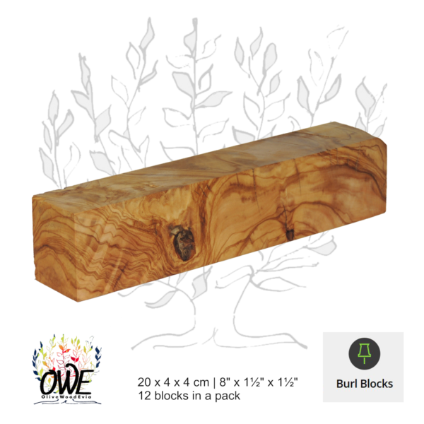 Olive Wood Burl Blocks: Unmatched Blocks (20 x 4 x 4cm / 8" x 1½" x 1½") 12Pk #BB301