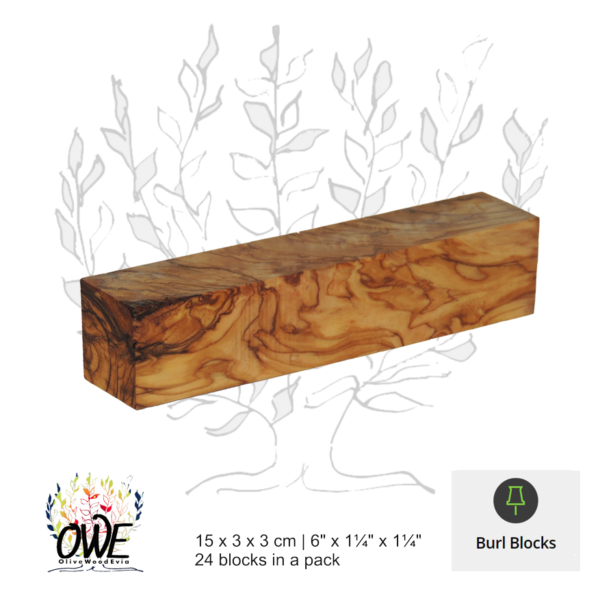 Olive Wood Burl Blocks: Unmatched Blocks (15 x 3 x 3cm / 6" x 1¼" x 1¼") 24Pk #BB302