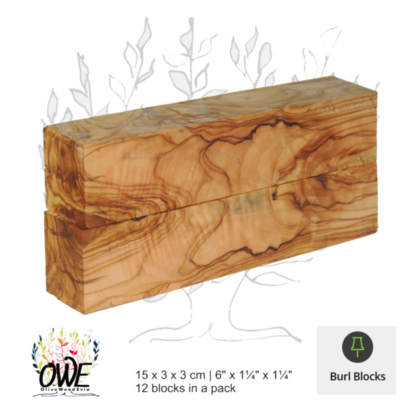 Olive Wood Burl Blocks: Bookmatched Pairs           (15 x 3 x 3cm / 6" x 1¼" x 1¼") 12Pk #BB303