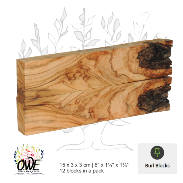 Olive Wood Burl Scales: Bookmatched Pairs (20 x 4 x 2cm / 8" x 1½" x ¾") 12Pk #BB304