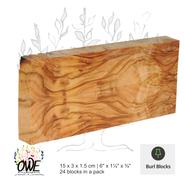 Olive Wood Burl Scales: Bookmatched Pairs (15 x 3 x 1.5cm / 6" x 1¼" x ¾") 24PK #BB305