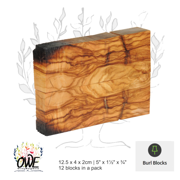 Olive Wood Burl Scales: Bookmatched Pairs (12.5 x 4 x 2cm / 5" x 1½" x ¾") 12Pk #BB306