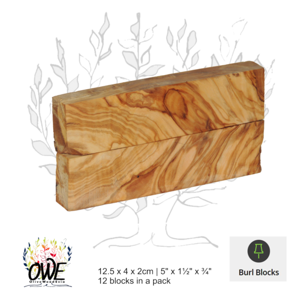 Olive Wood Burl Scales: Bookmatched Pairs (12.5 x 3 x 2cm / 5" x 1 ¼" x ¾") 12Pk #BB307