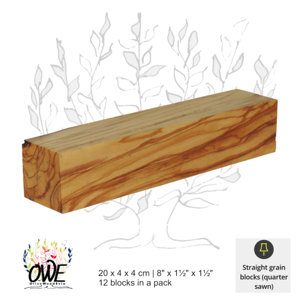 Olive Wood Quarter-Sawn Blocks: Unmatched Blocks (20 x 4 x 4cm / 8" x 1½" x 1½") 12 Pk #QS101