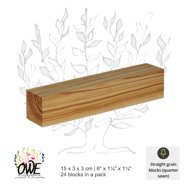 Olive Wood Quarter-Sawn Blocks: Unmatched Blocks (15 x 3 x 3cm / 6" x 1¼" x 1¼") 24Pk #QS102