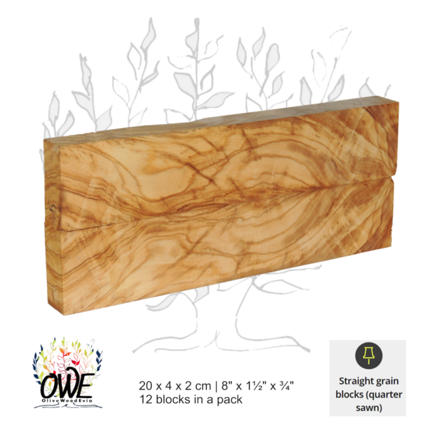 Olive Wood Quarter-Sawn Scales: Bookmatched Pairs (20 x 4 x 2cm / 8" x 1½" x ¾") 12Pk #QS104